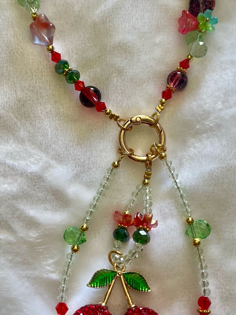 Gold-Tone Cherry Pendant Beaded Purse or Cell Charm in Red and Green